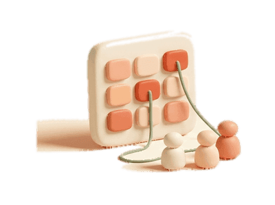 Clay render of a grid of content tiles, two highlighted, with a thread running to three small faceless figures — the creator's content and the audience around it, connected