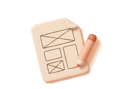 Clay render of a sketch sheet with a wireframe layout and a pencil — concept and structure, worked out together