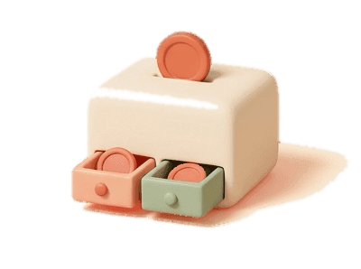 Clay render of a cash register with a coin half-dropped into the slot and two open drawers, peach and sage, each holding its share — every sale pays creator and studio directly