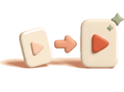 Clay render of a small version-one video card and a larger, better version two with an arrow between them — the next version is the point